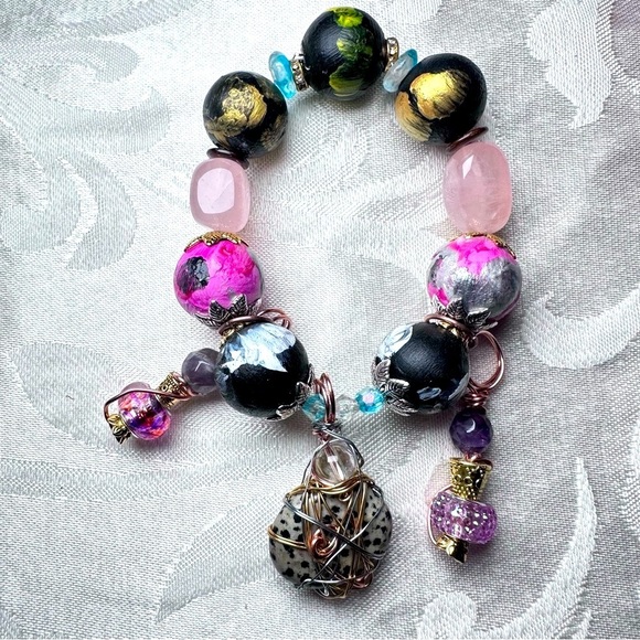 Handmade Jewelry - Hand Painted Wooden Beads Charms Crystal Handmade Bracelet OOAK Stackable 6-7